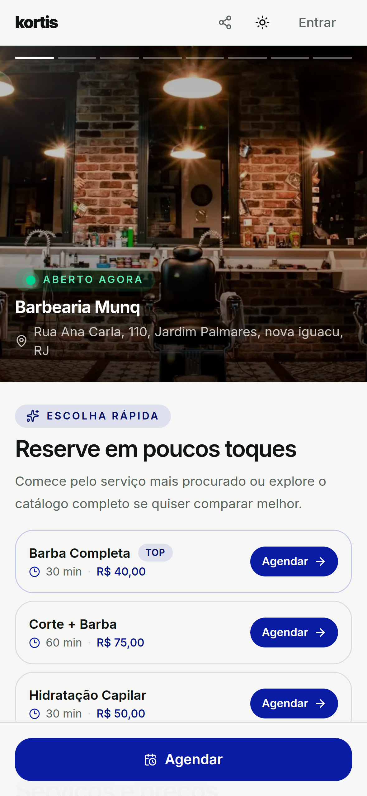 Página de agendamento de Barbearia no Kortis, em mobile